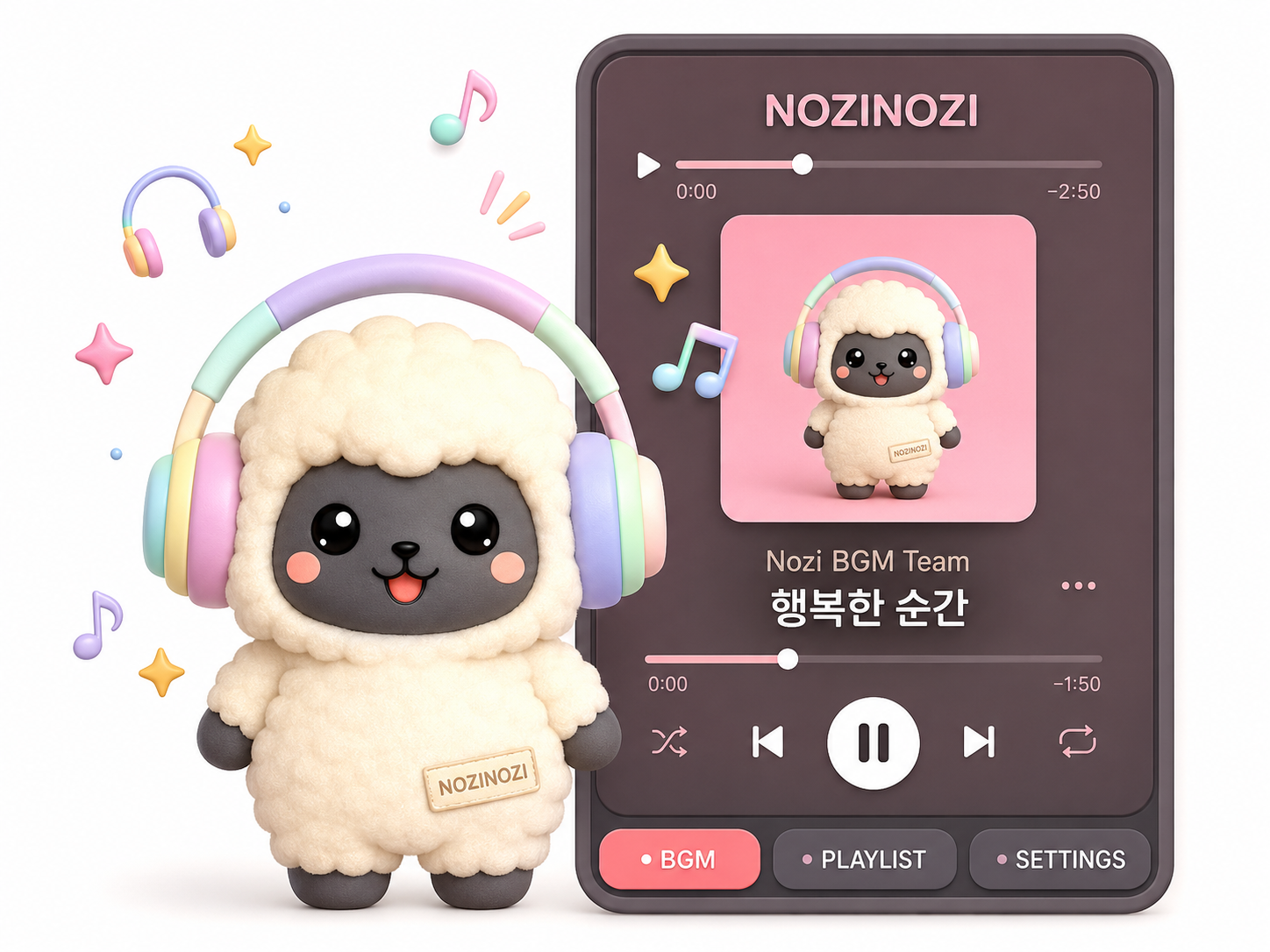 헤드폰을 쓴 노지 캐릭터와 노지노지 전용 BGM 플레이어 화면